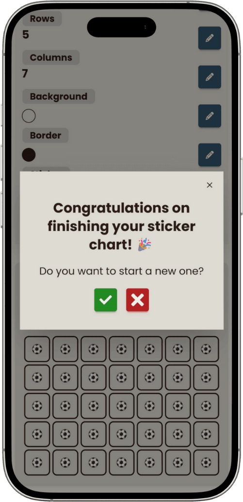 A mockup of a completed sticker chart with a celebration dialog showing
