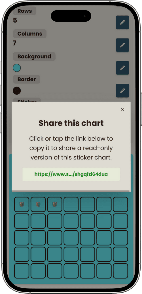 A mockup of a sticker chart sharing dialog showing a link that can be copied